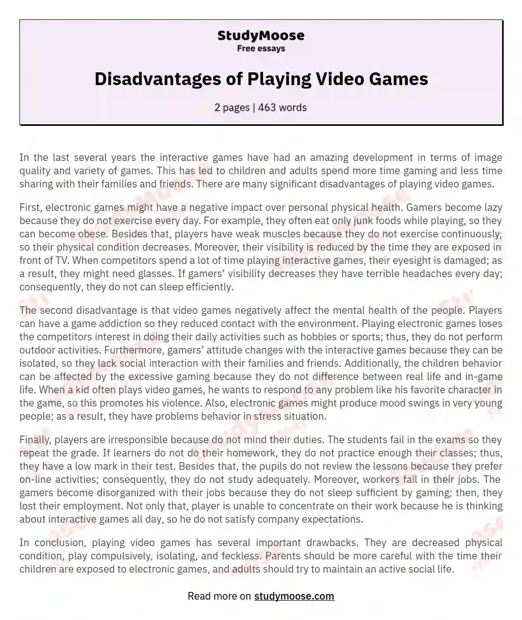 Disadvantages of Playing Video Games essay