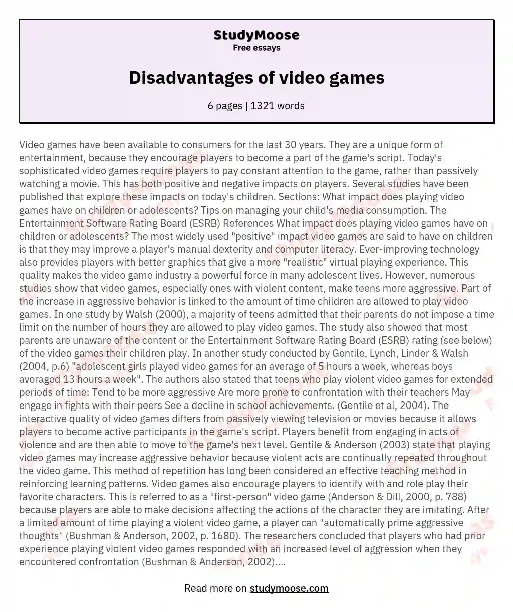 Disadvantages of video games essay