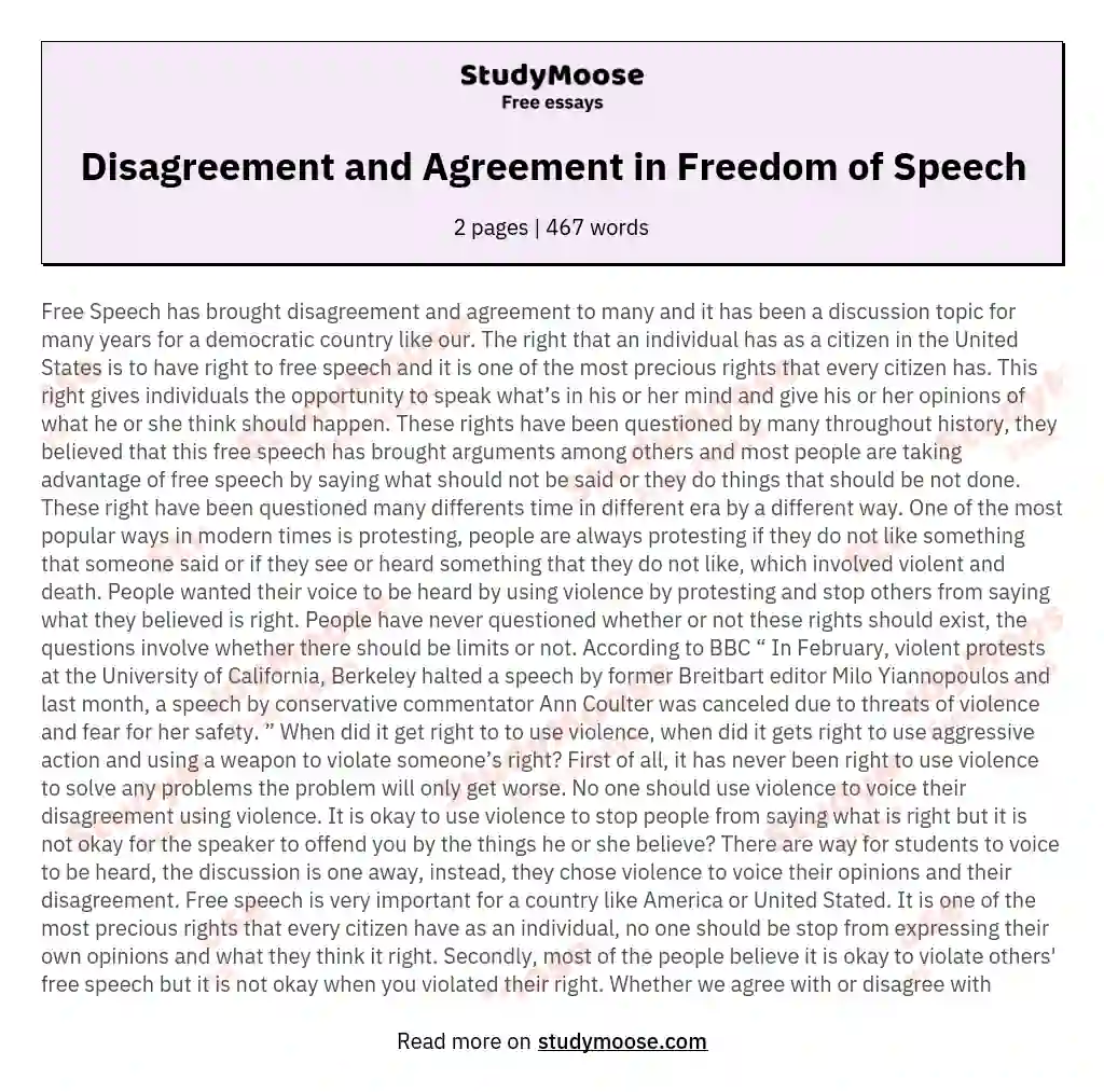 Disagreement and Agreement in Freedom of Speech essay