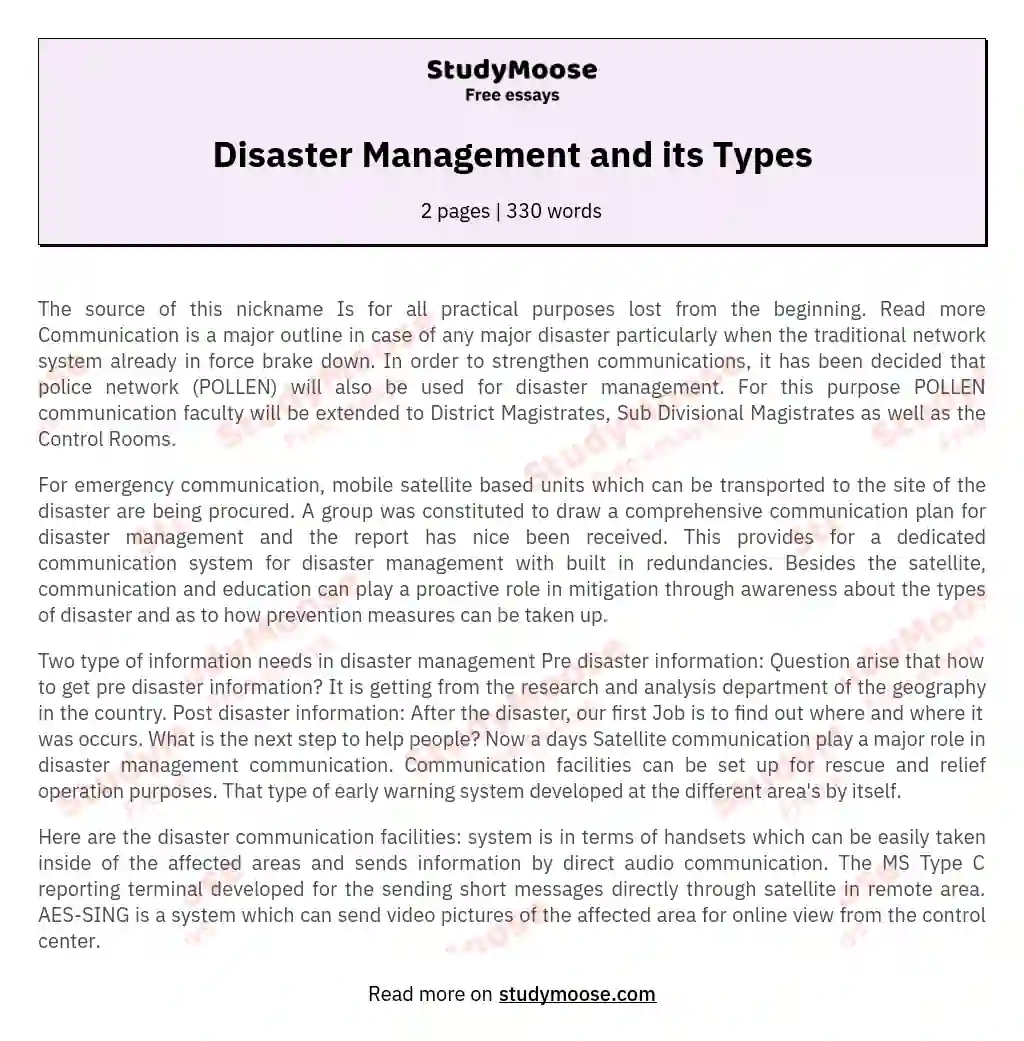 Disaster Management and its Types essay