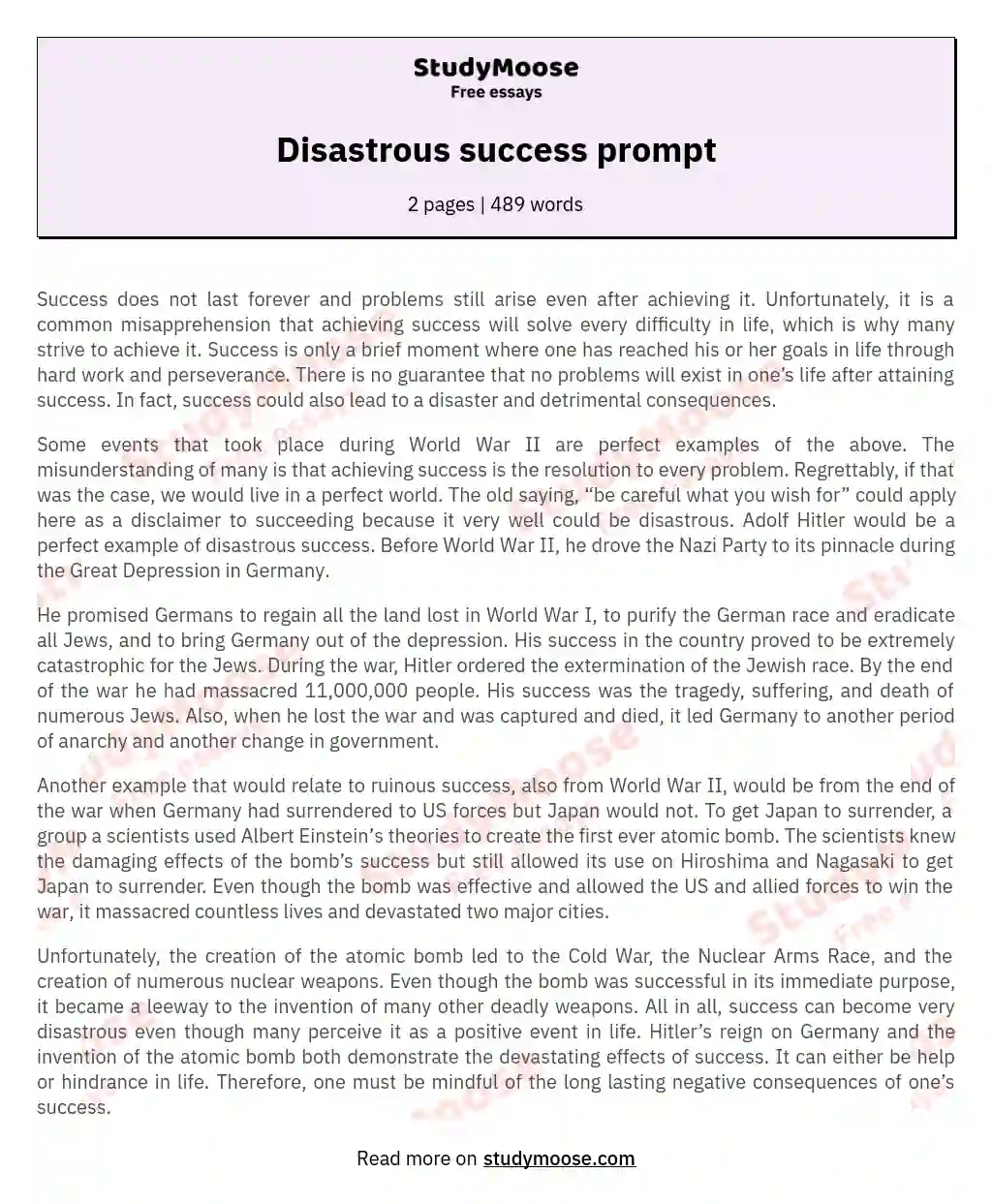 Disastrous success prompt essay