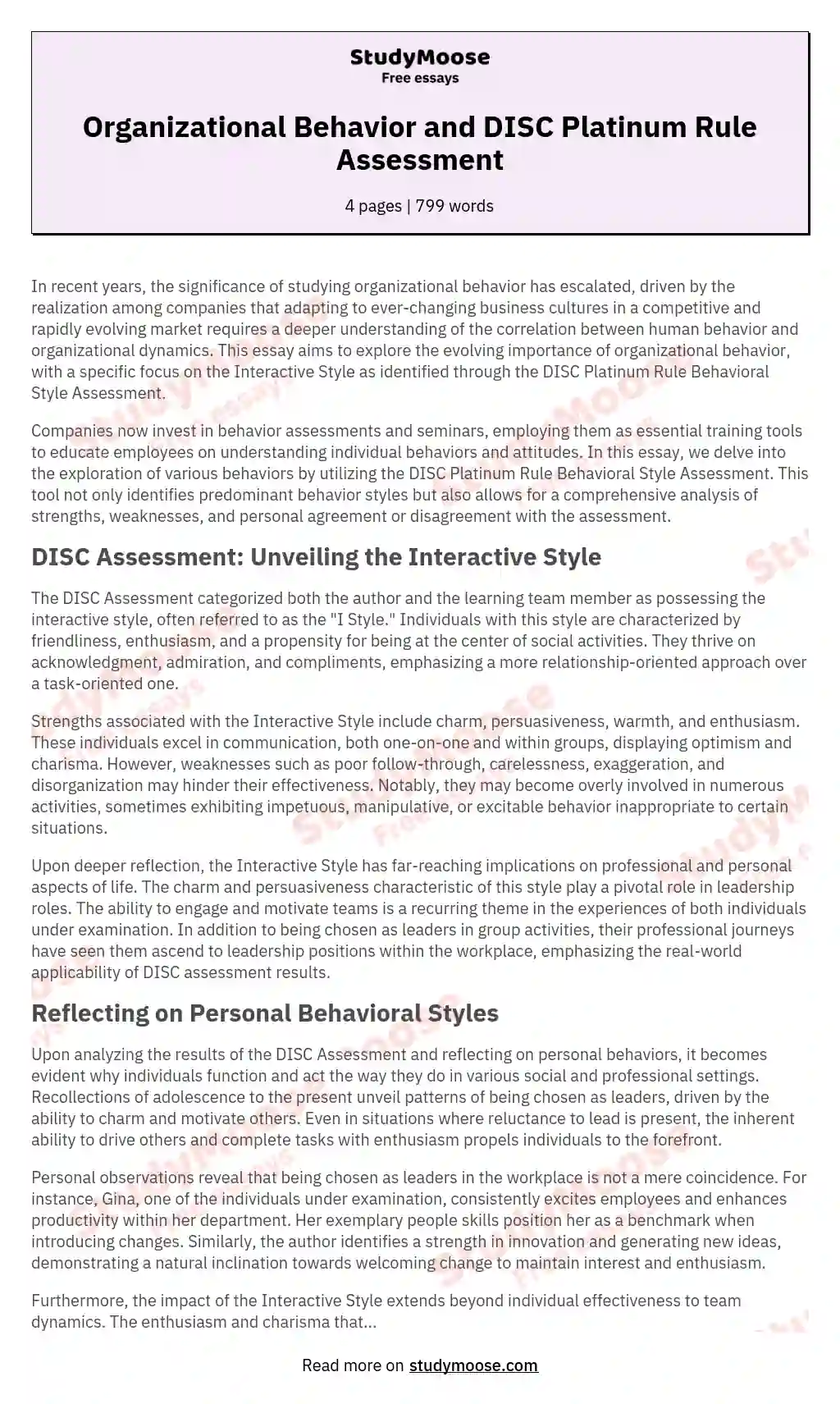 Organizational Behavior and DISC Platinum Rule Assessment essay