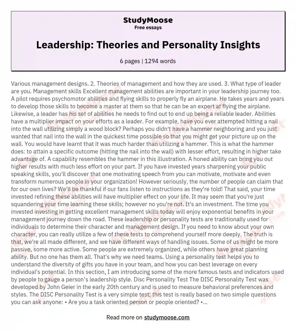 Leadership: Theories and Personality Insights essay