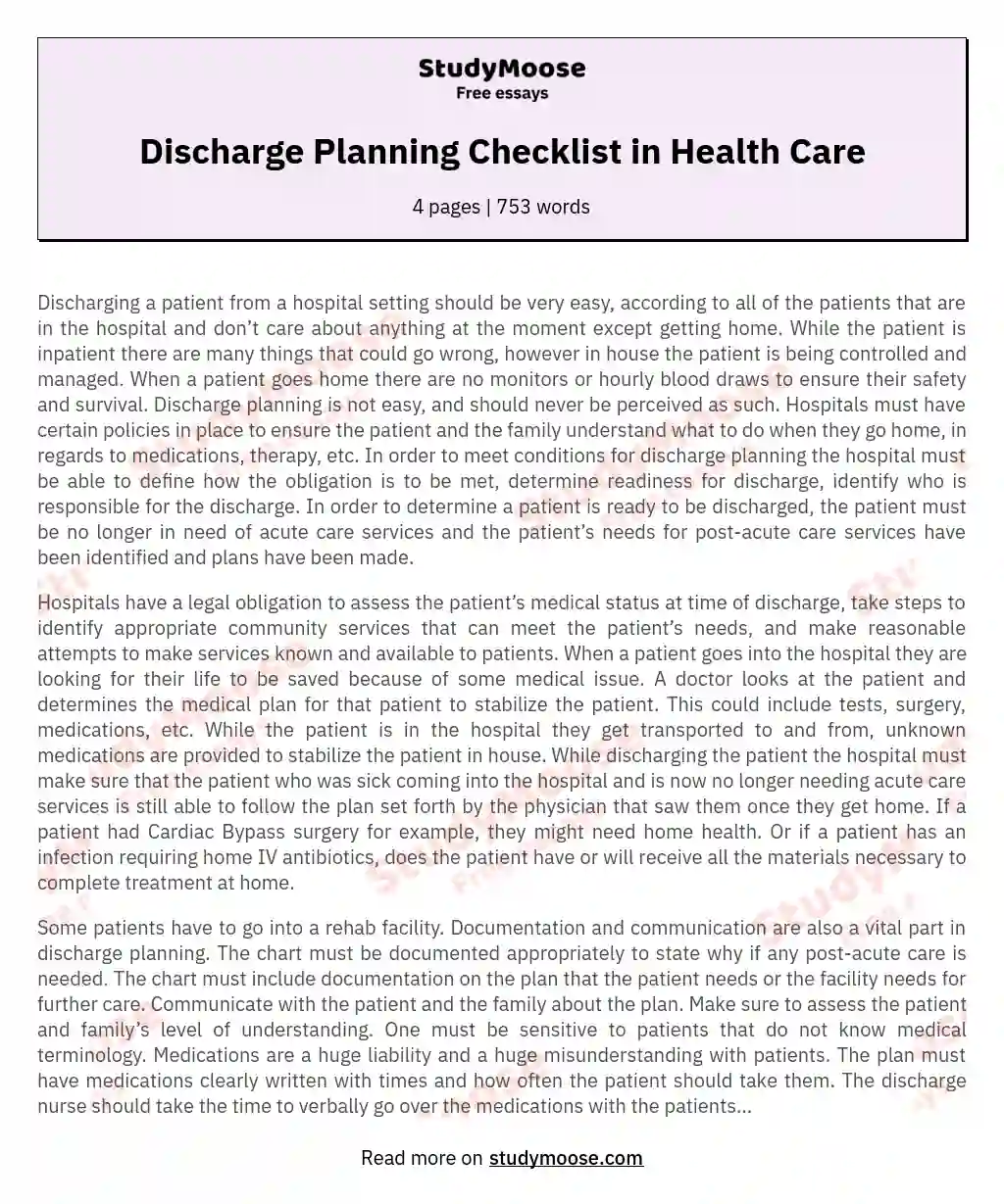 The Complexity of Discharge Planning in Hospitals essay