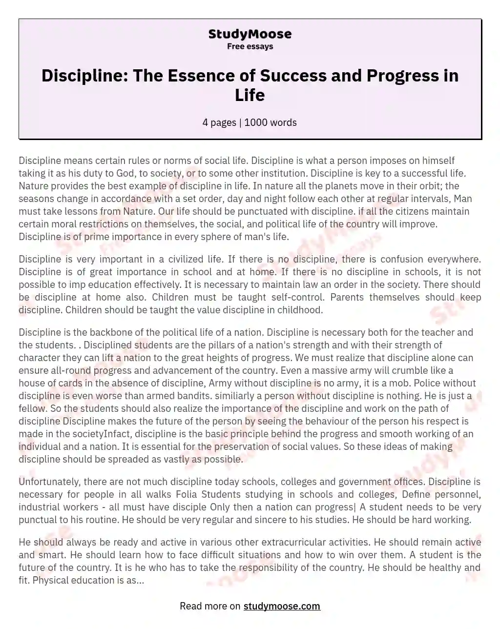 Discipline: The Essence of Success and Progress in Life essay