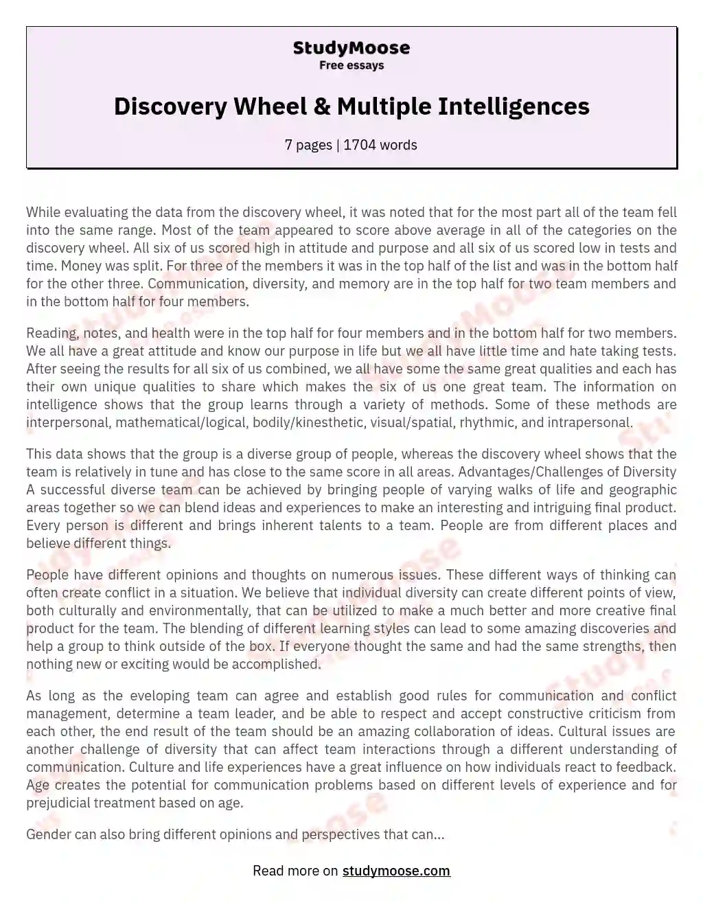 Discovery Wheel &amp; Multiple Intelligences essay