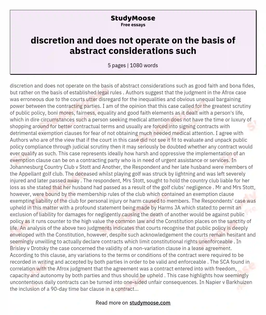 discretion and does not operate on the basis of abstract considerations such essay