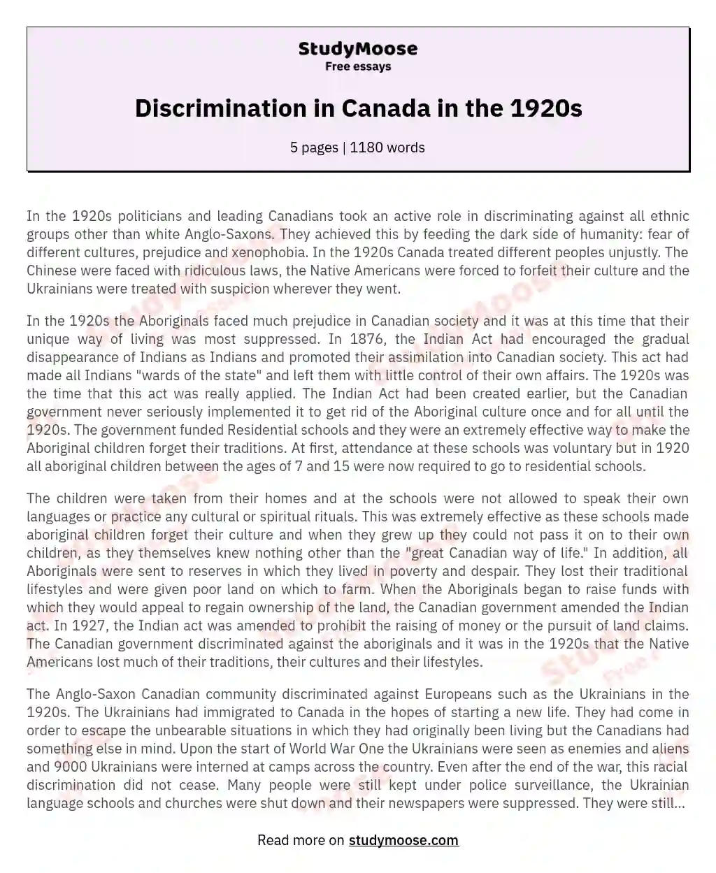 Discrimination in Canada in the 1920s essay