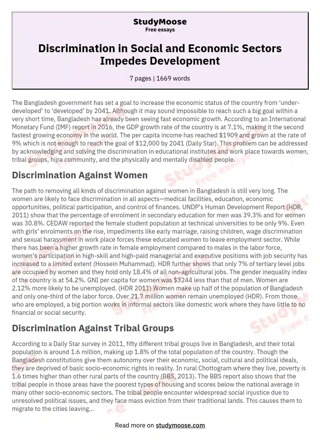 Discrimination in Social and Economic Sectors Impedes Development essay