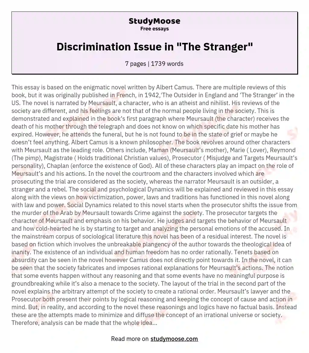 Discrimination Issue in "The Stranger" essay