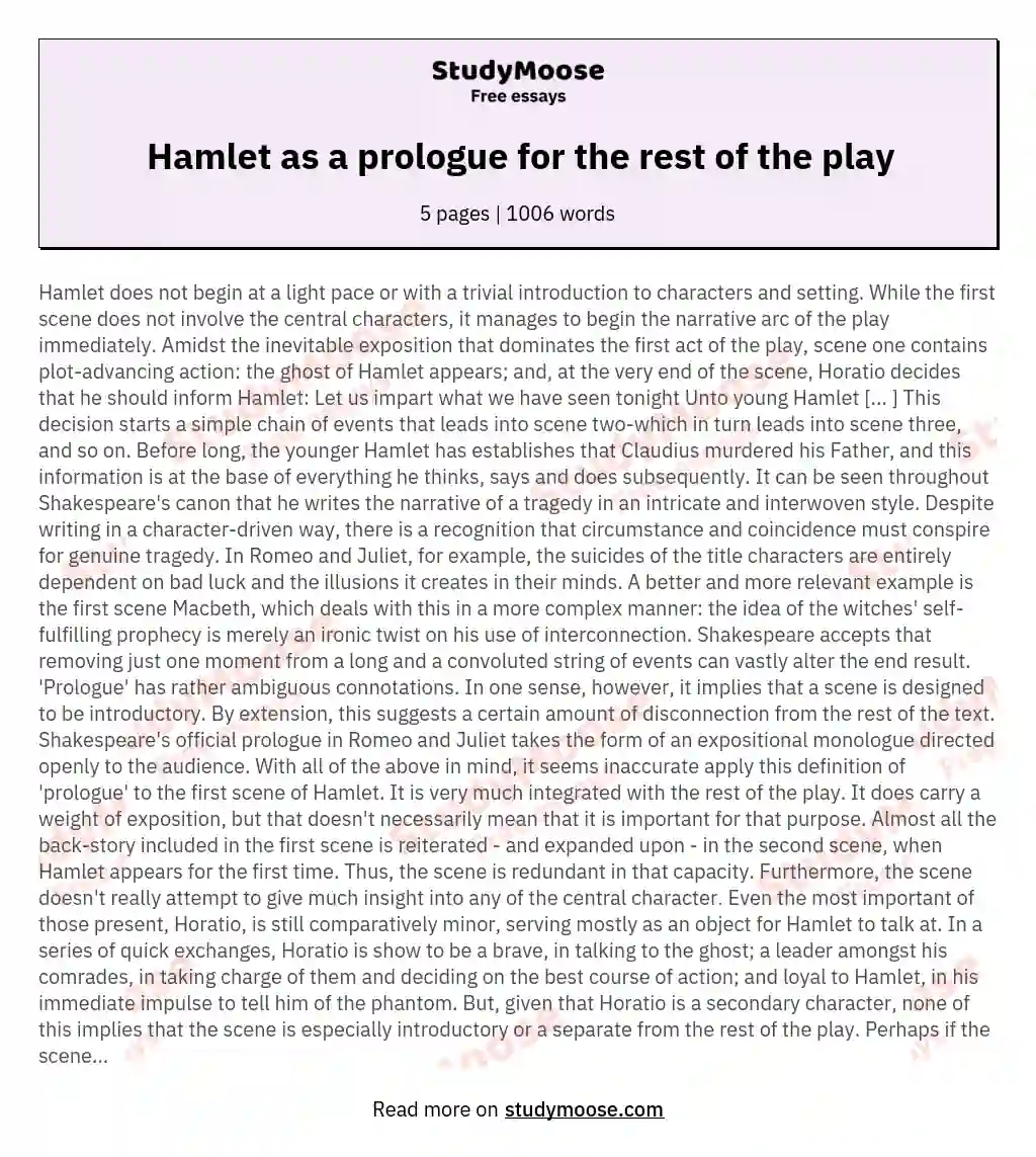Hamlet as a prologue for the rest of the play essay