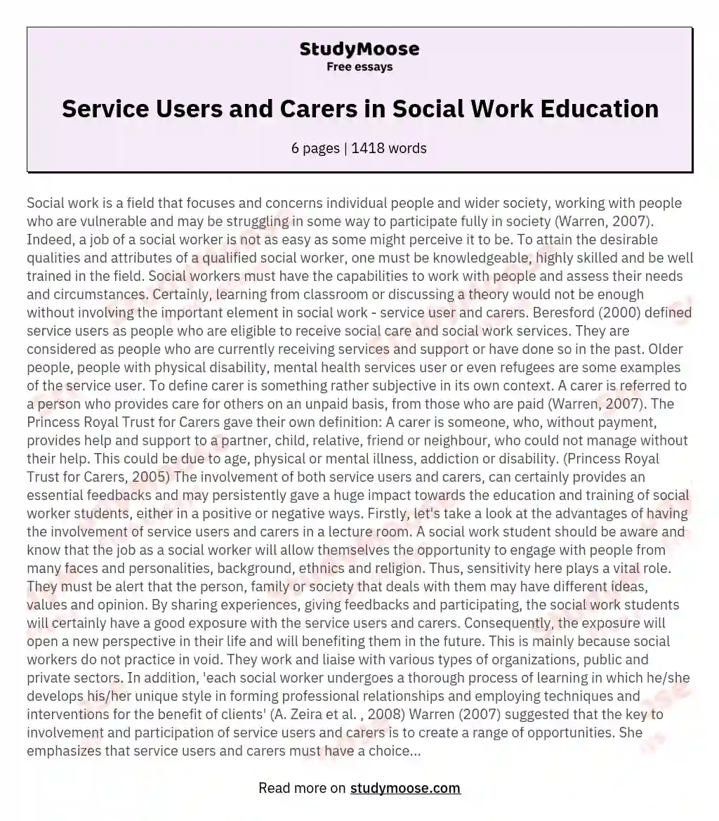 Discuss the advantages and disadvantages of involving service users and carers in the education and training of social work students
