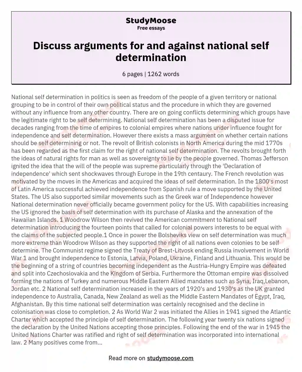 Discuss arguments for and against national self determination
