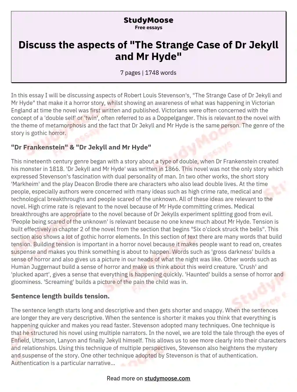 Discuss the aspects of "The Strange Case of Dr Jekyll and Mr Hyde" essay