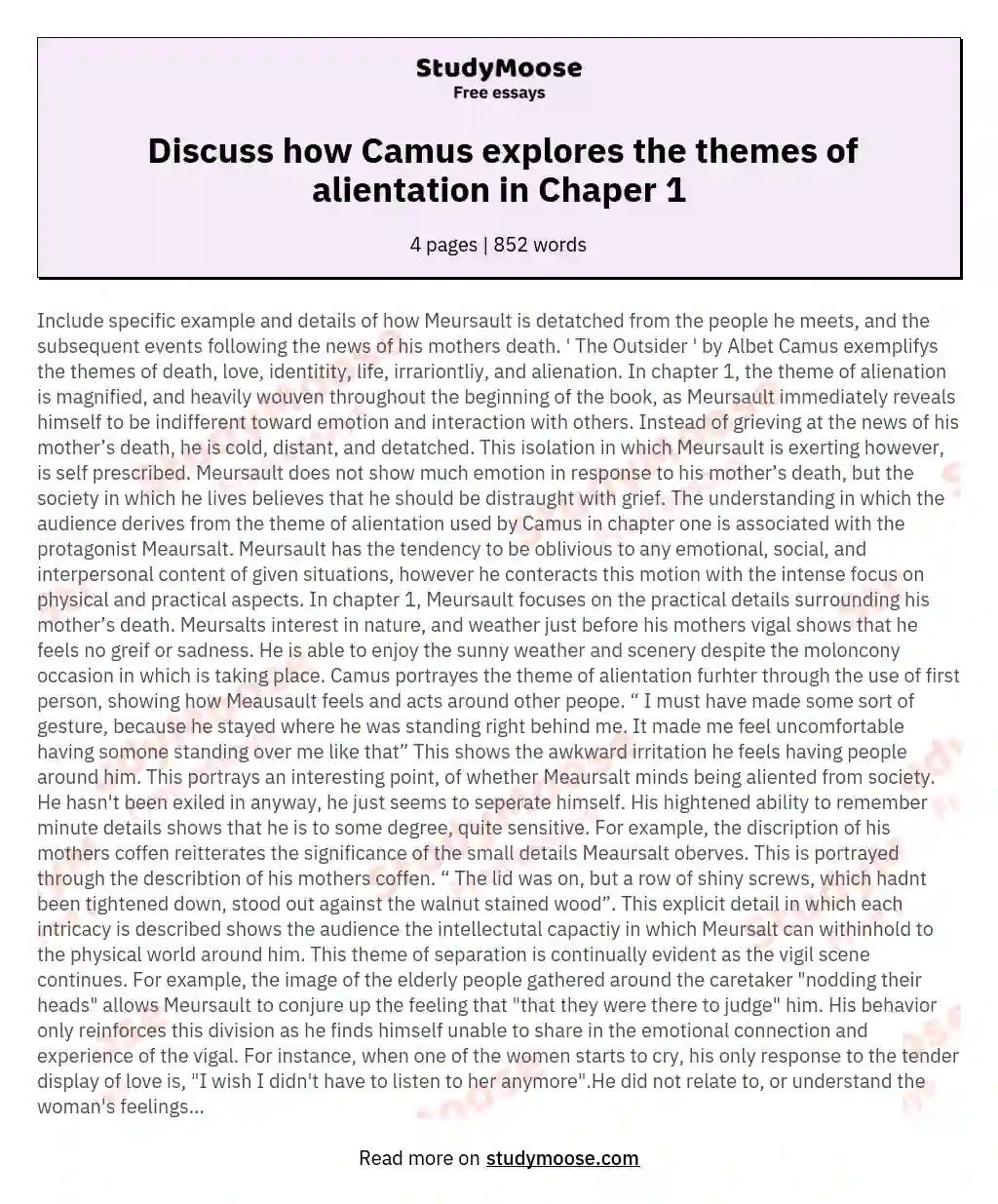  Discuss how Camus explores the themes of alientation in Chaper 1 essay