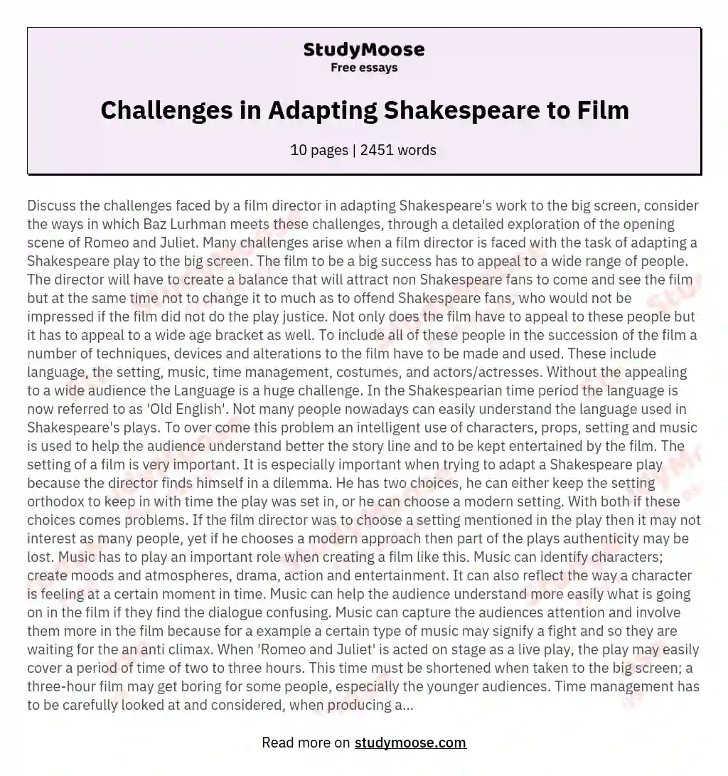 Challenges in Adapting Shakespeare to Film essay