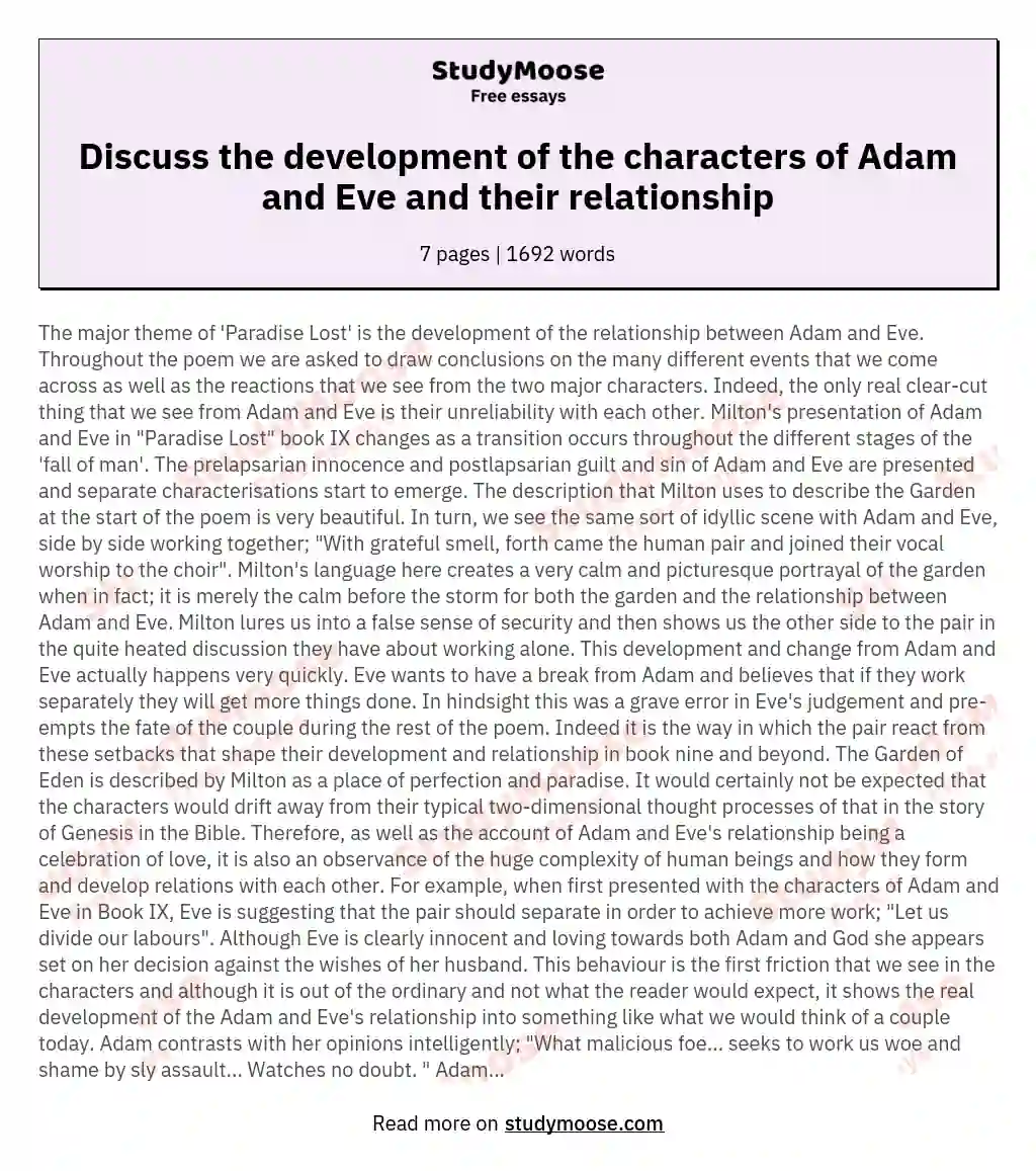 Discuss the development of the characters of Adam and Eve and their relationship essay