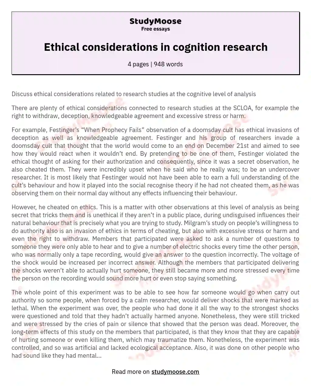 Ethical considerations in cognition research essay