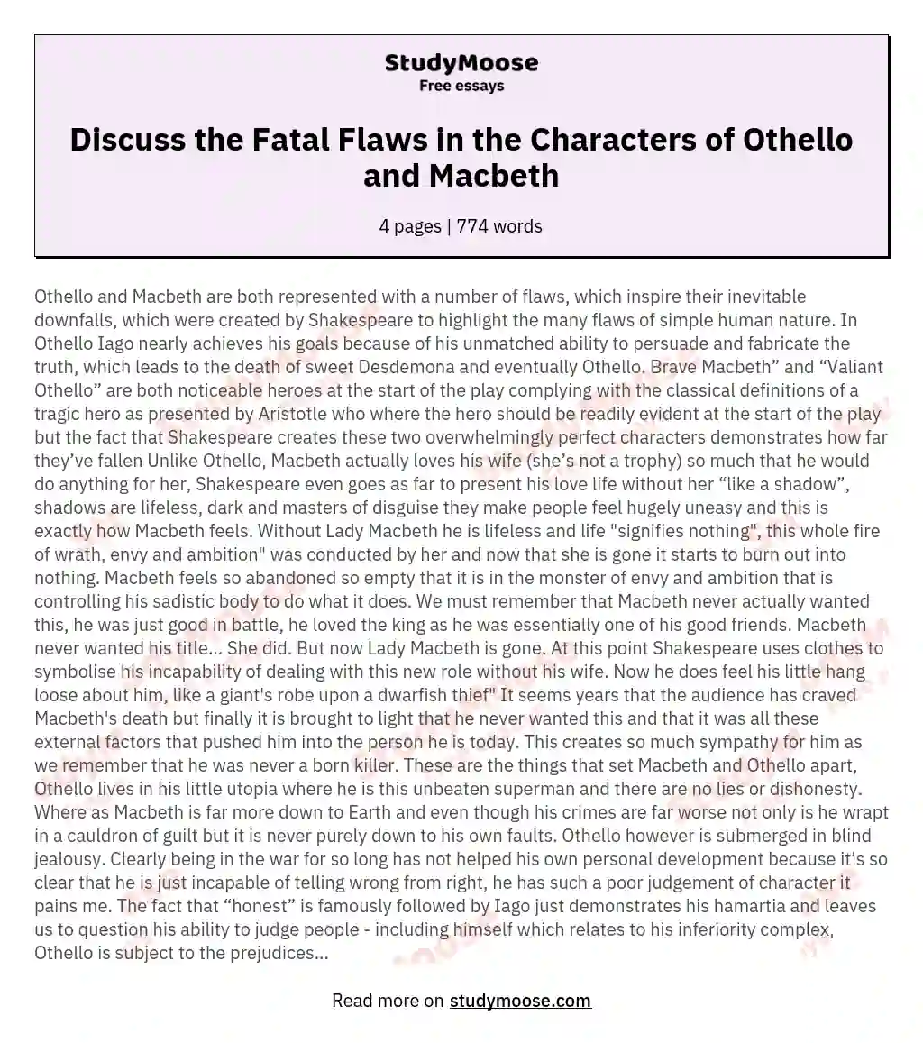 Discuss the Fatal Flaws in the Characters of Othello and Macbeth