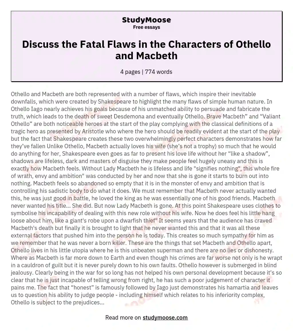 Discuss the Fatal Flaws in the Characters of Othello and Macbeth essay