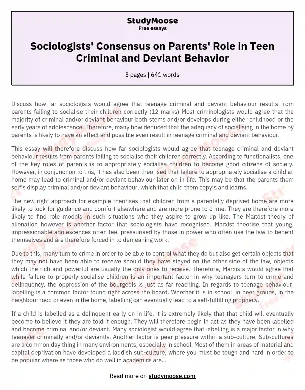 Sociologists' Consensus on Parents' Role in Teen Criminal and Deviant Behavior essay