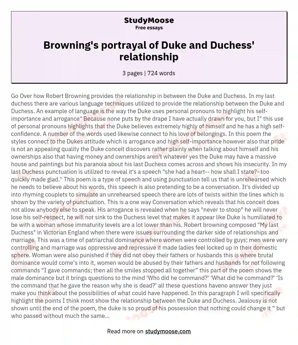 Browning's portrayal of Duke and Duchess' relationship essay