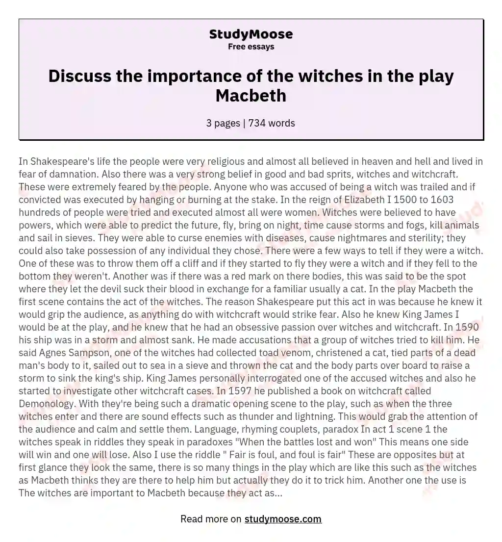 Discuss the importance of the witches in the play Macbeth essay