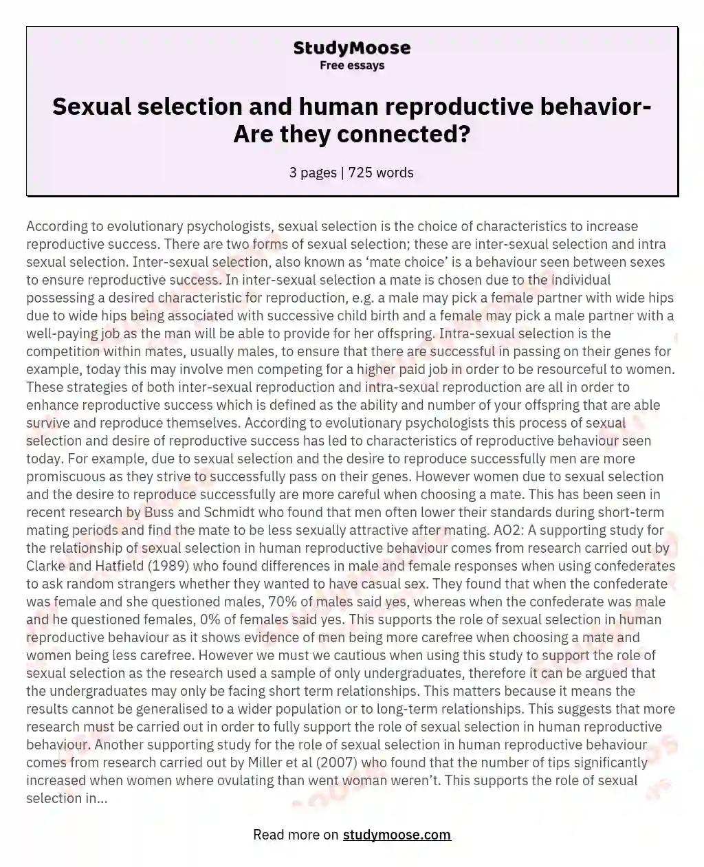 Sexual selection and human reproductive behavior- Are they connected? essay