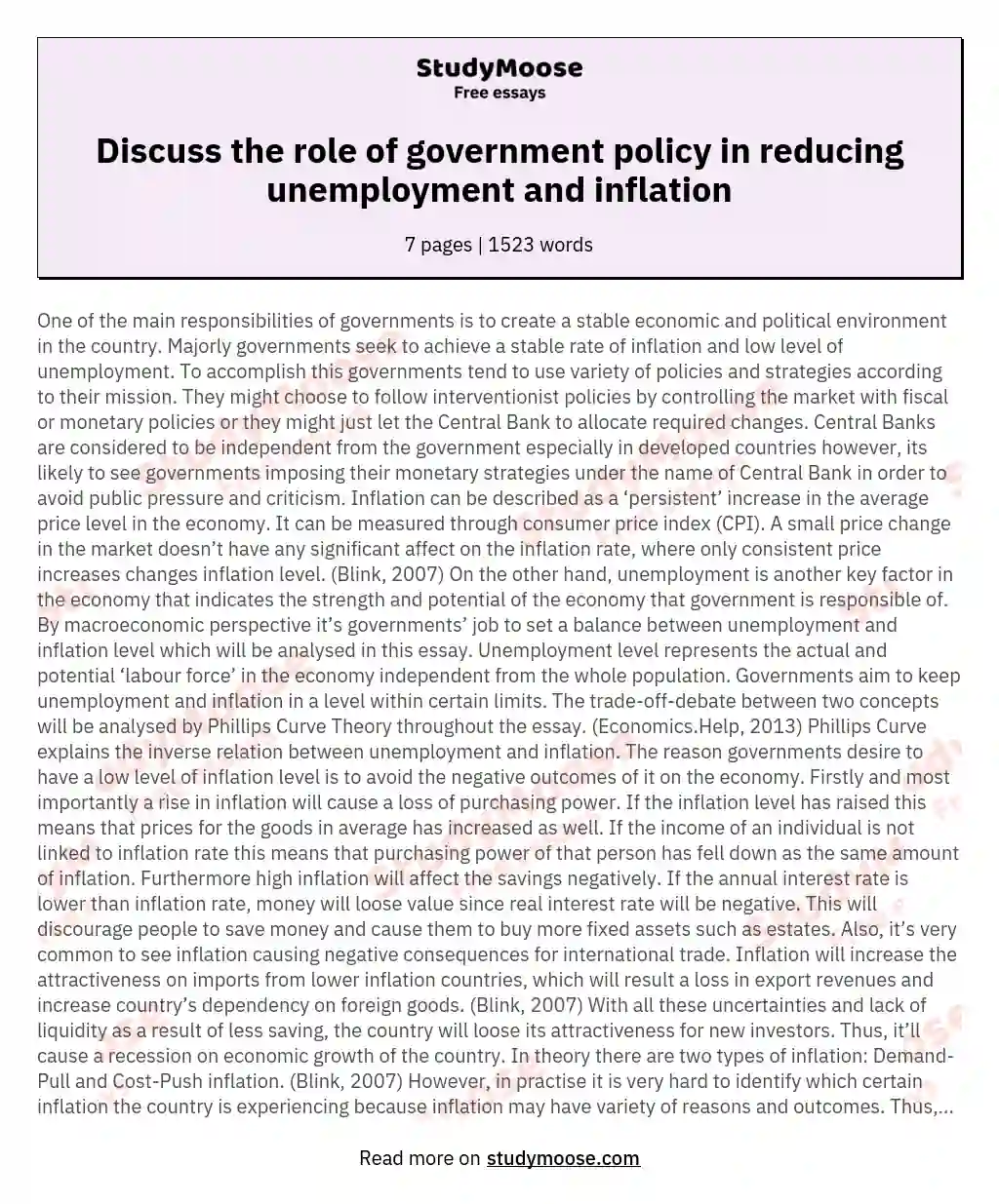 Discuss the role of government policy in reducing unemployment and inflation essay