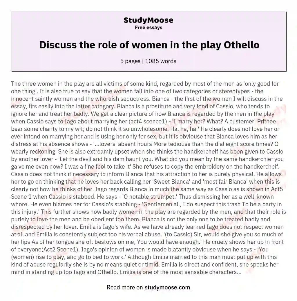 Discuss the role of women in the play Othello essay