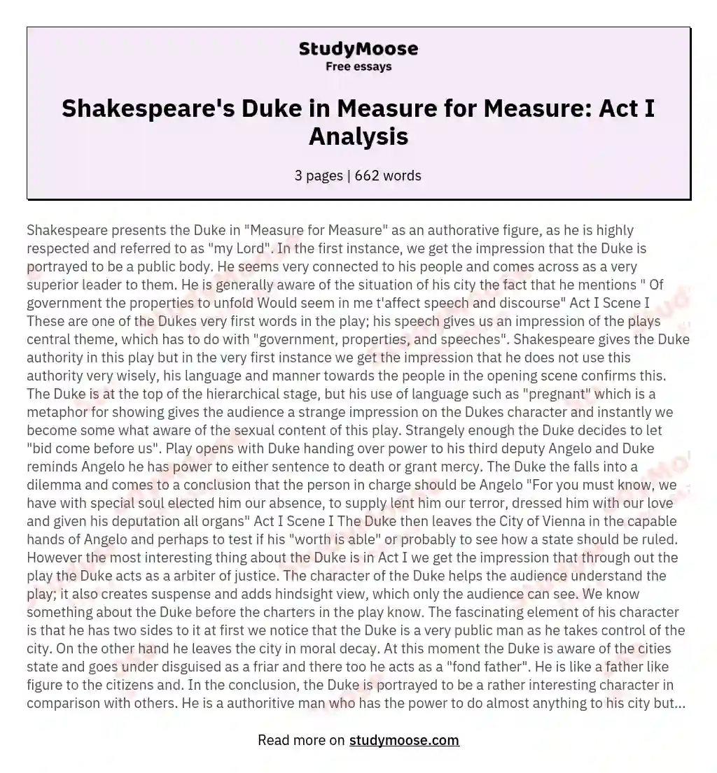 Discuss Shakespeare's dramatic presentations of the Duke in Act I of 'Measure for Measure'