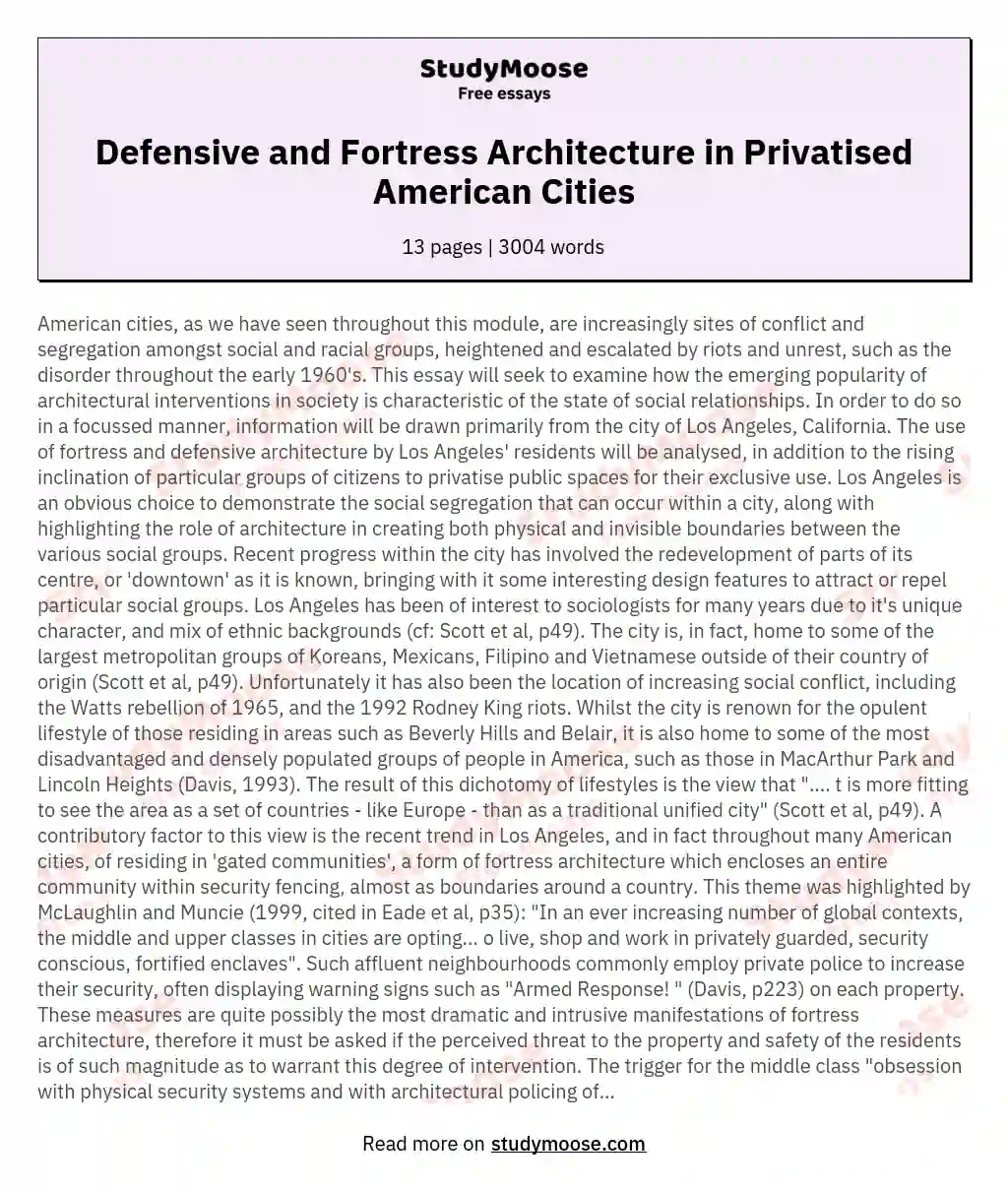 Defensive and Fortress Architecture in Privatised American Cities