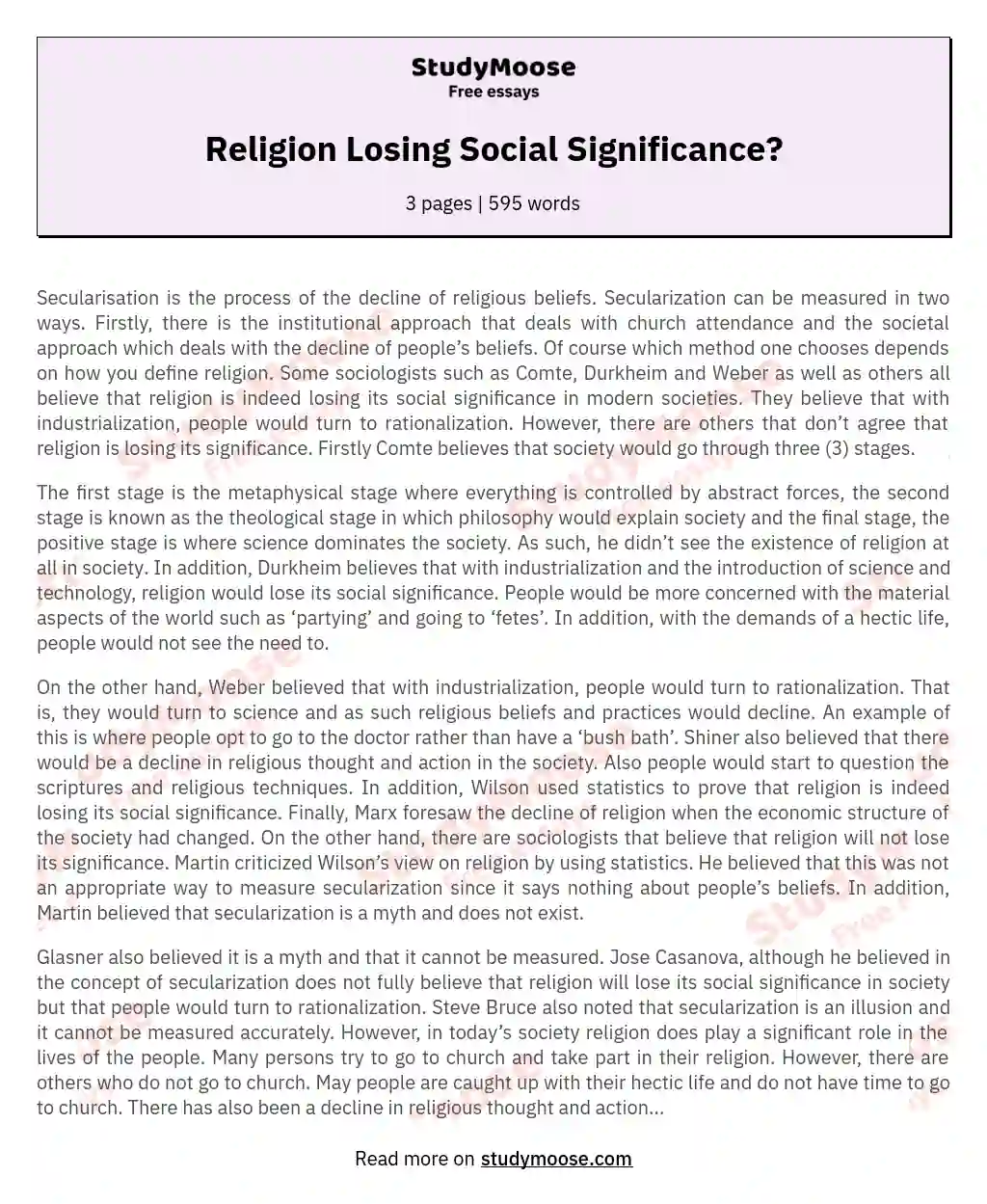 Discuss the Claim Made by Some Sociologists That in Modern Societies Religion Is Losing Its Social Significance