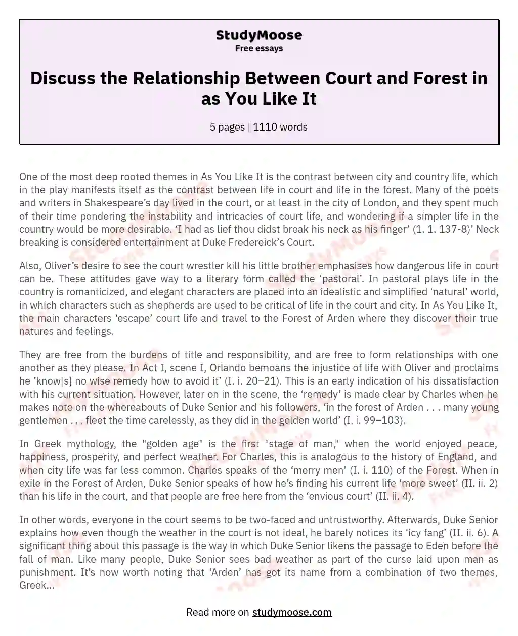 Discuss the Relationship Between Court and Forest in as You Like It essay