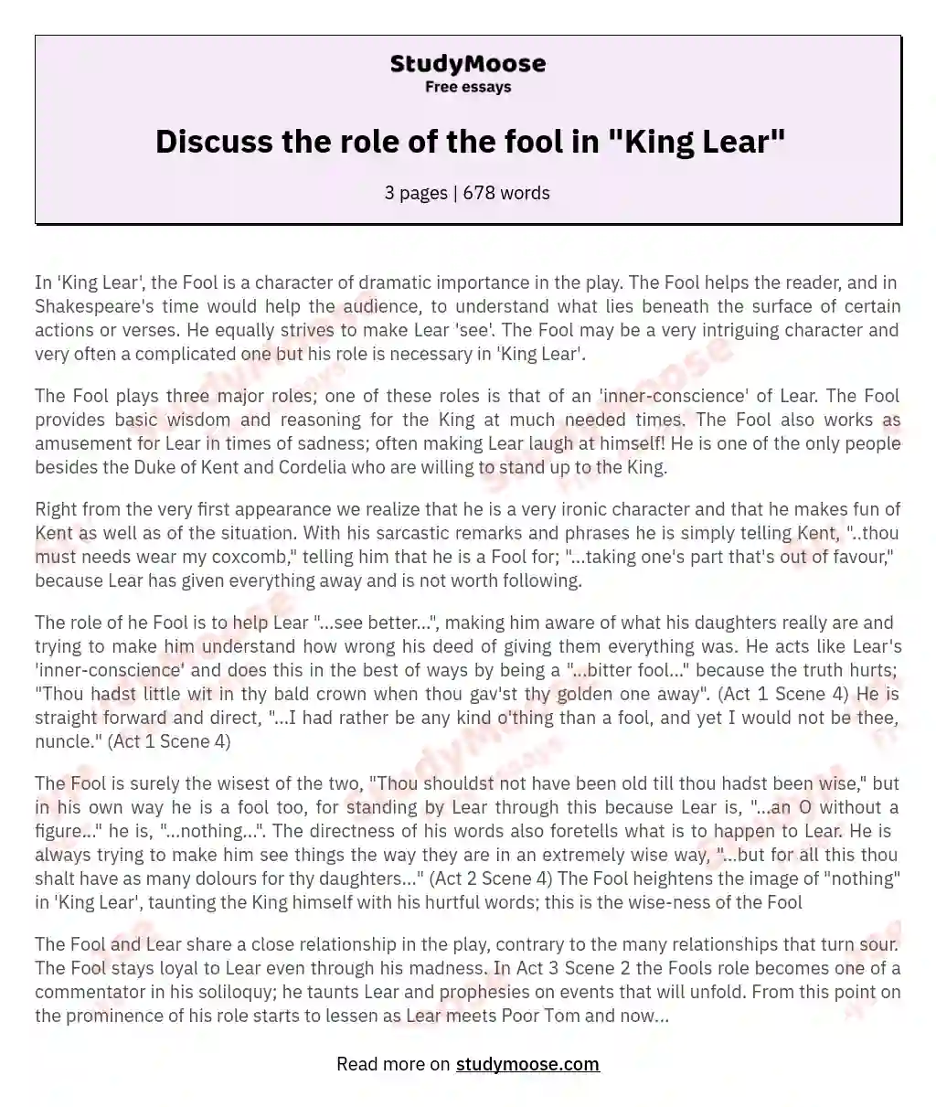Discuss the role of the fool in "King Lear" essay