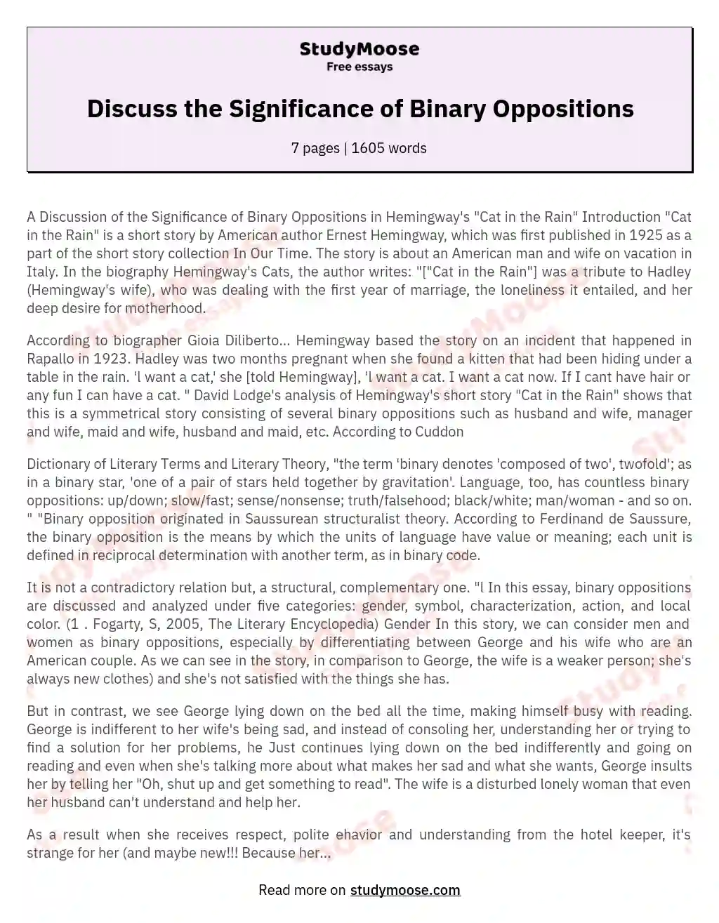 Discuss the Significance of Binary Oppositions essay
