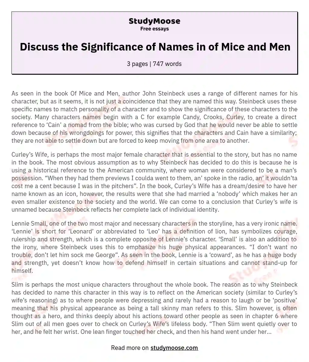 Discuss the Significance of Names in of Mice and Men essay