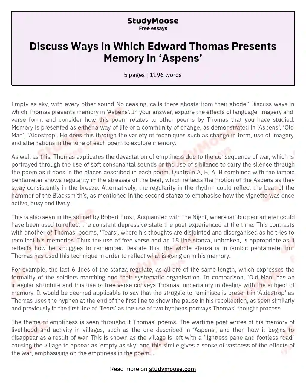 Discuss Ways in Which Edward Thomas Presents Memory in ‘Aspens’ essay