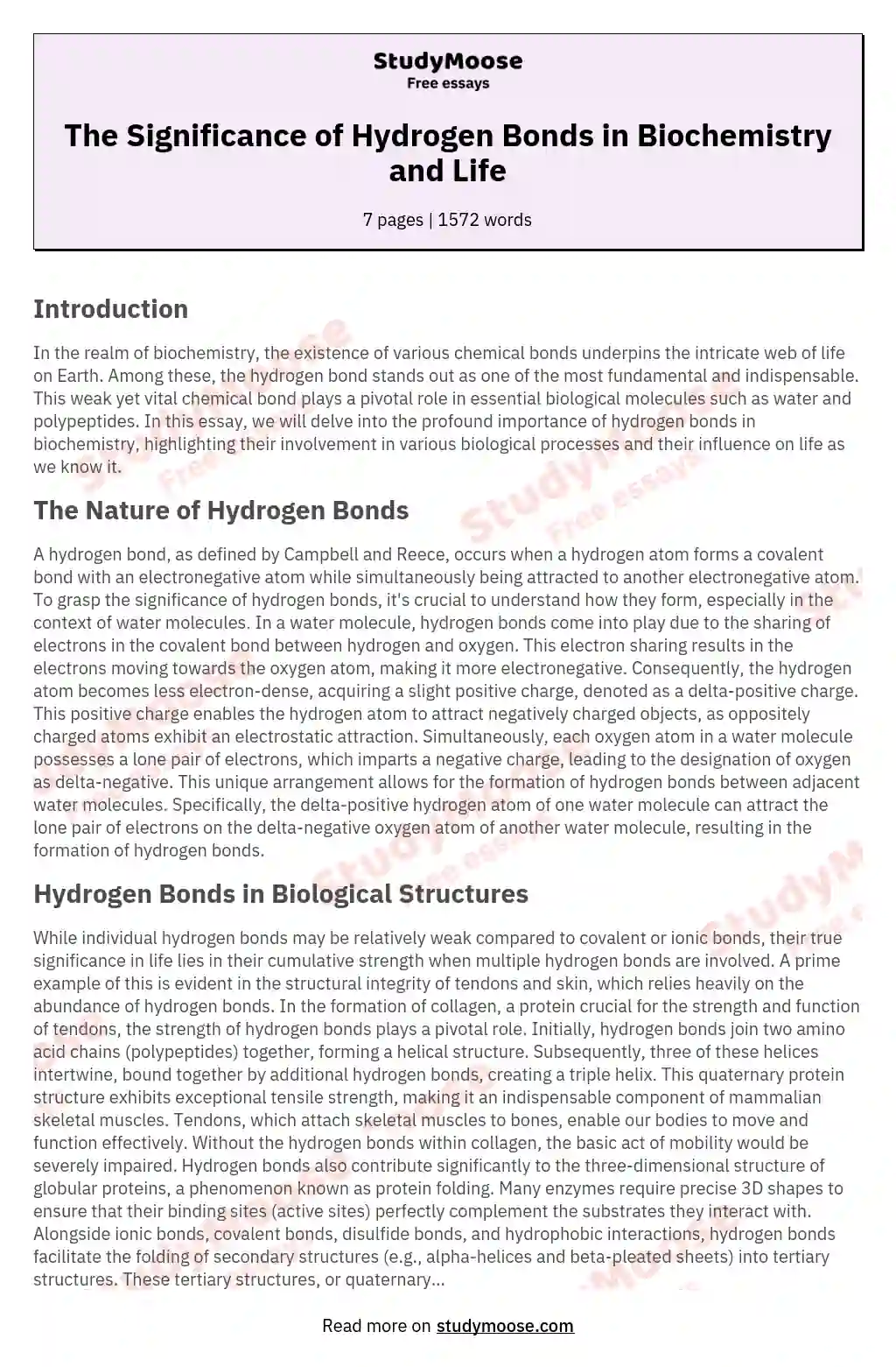 The Significance of Hydrogen Bonds in Biochemistry and Life essay