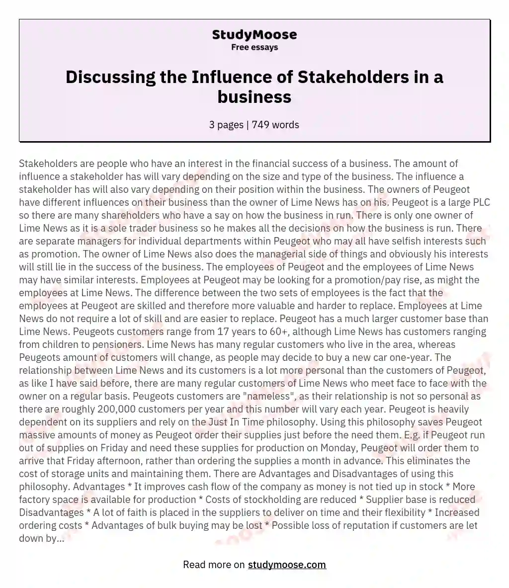 Discussing the Influence of Stakeholders in a business essay