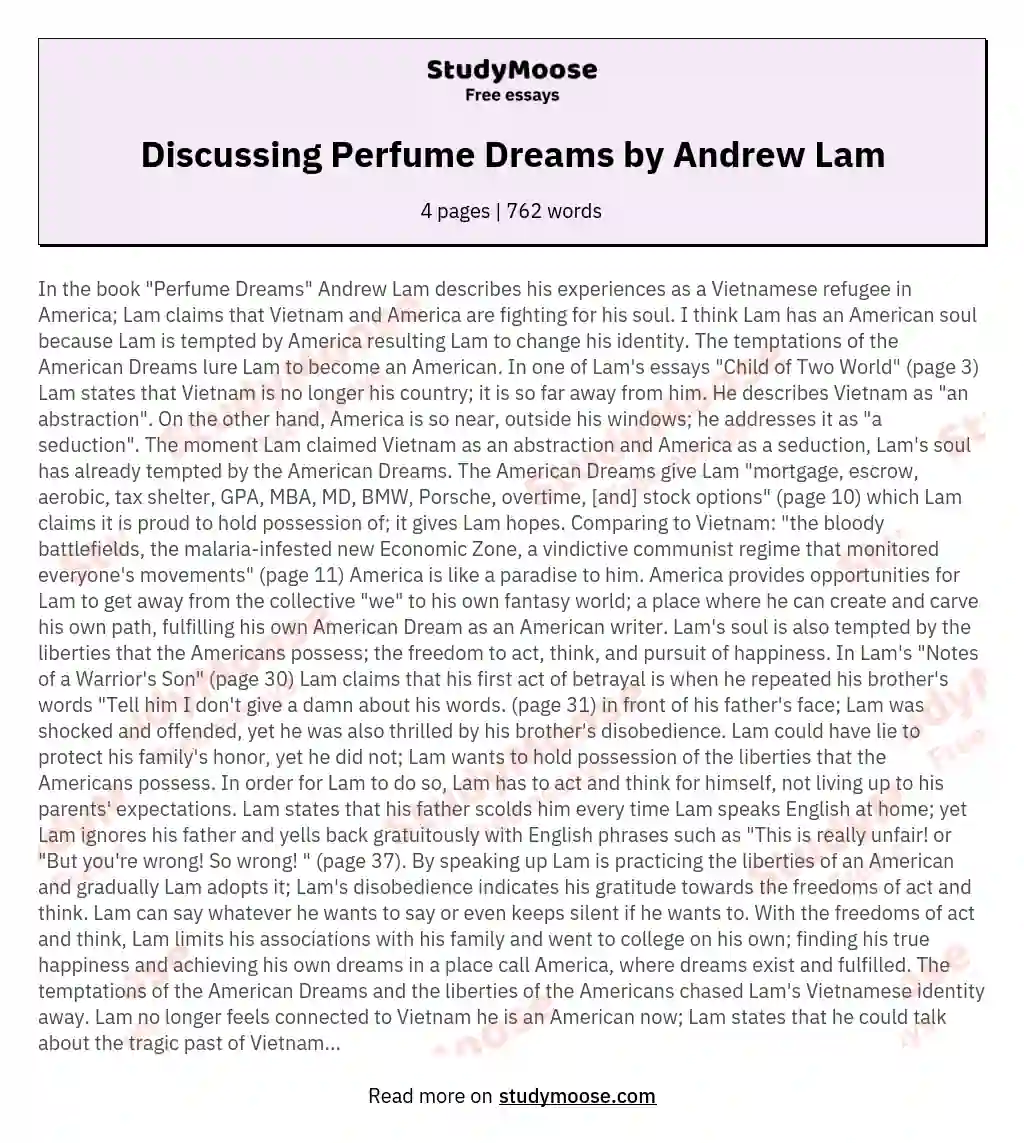 Discussing Perfume Dreams by Andrew Lam essay