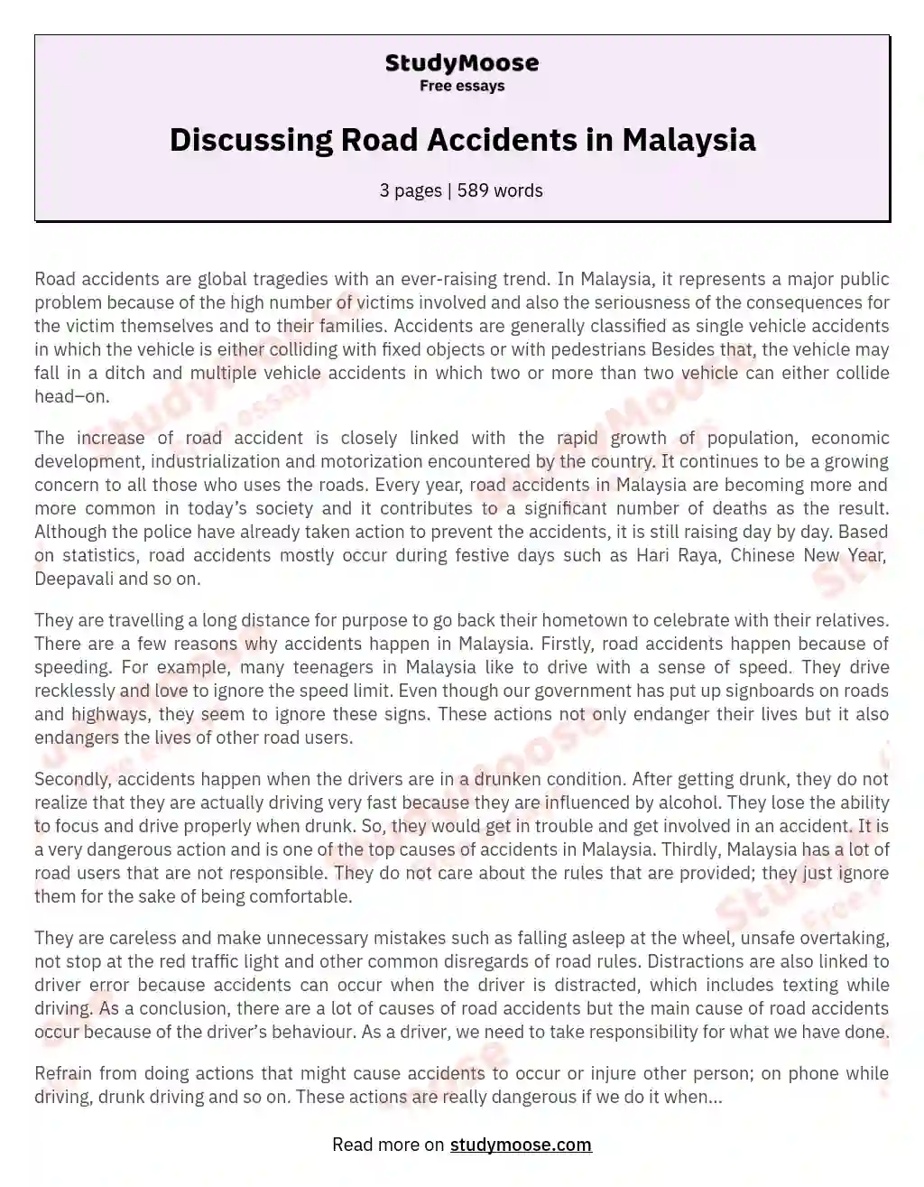 Discussing Road Accidents in Malaysia Free Essay Example