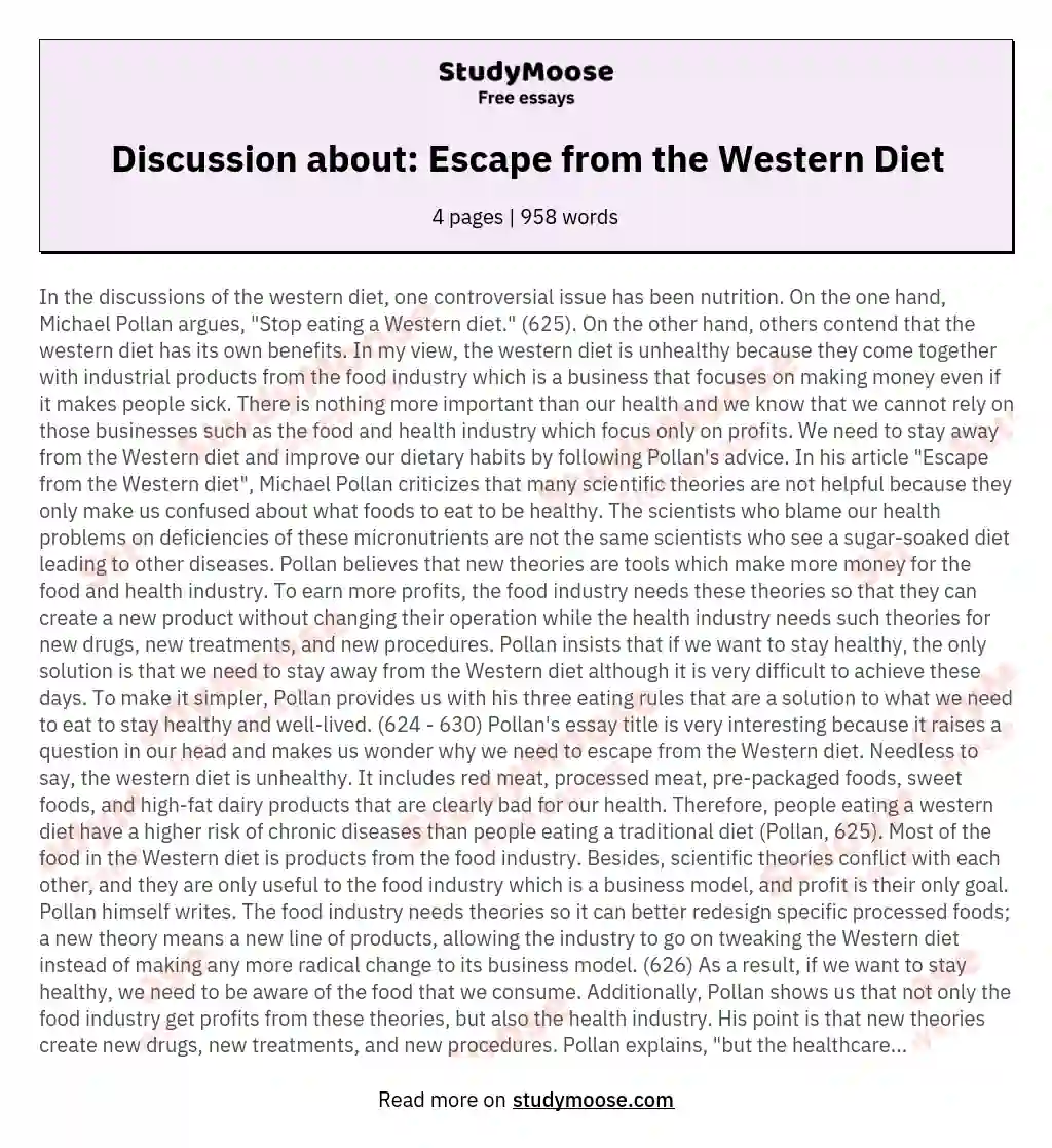 Discussion about: Escape from the Western Diet essay