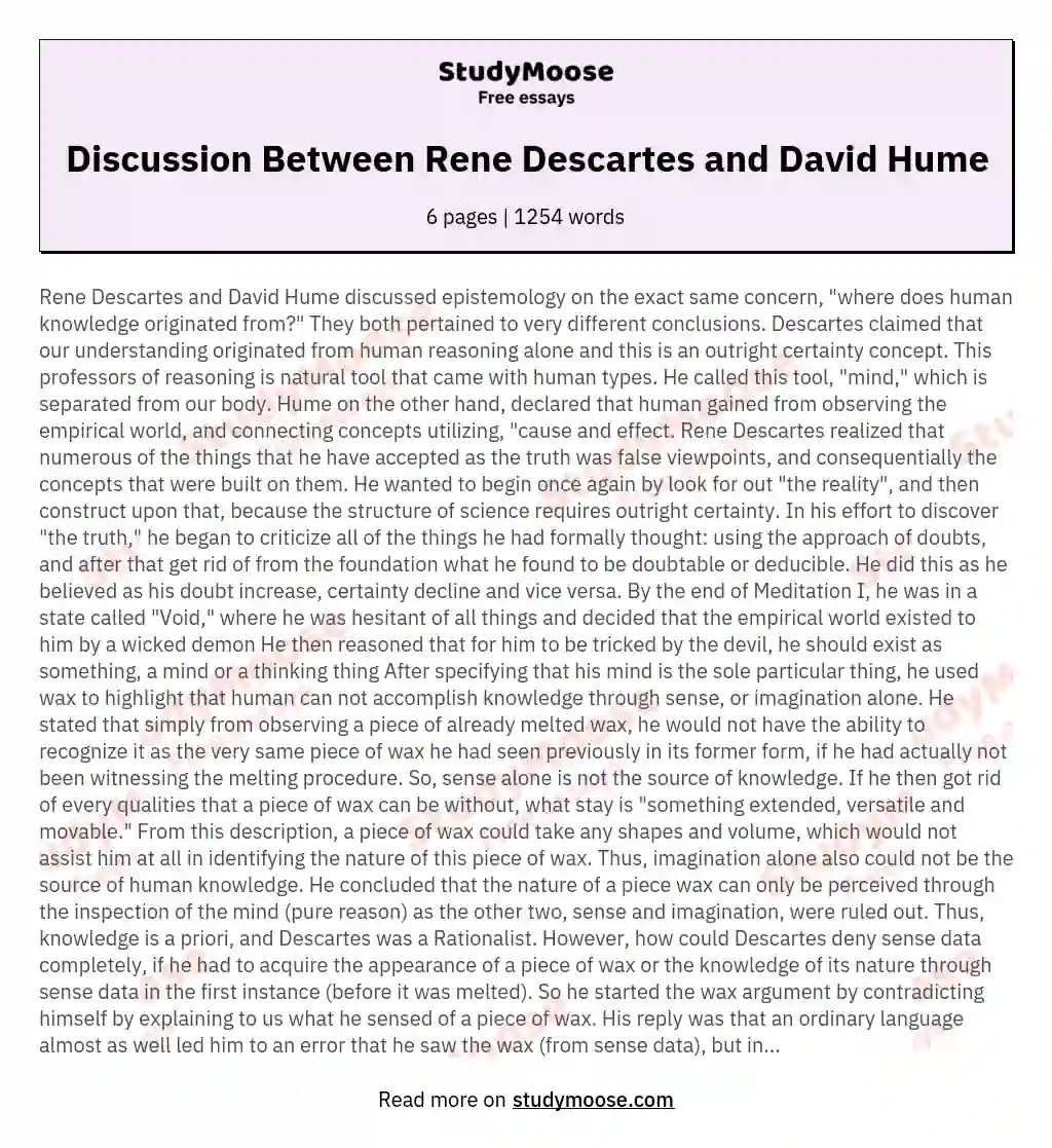 Discussion Between Rene Descartes and David Hume essay