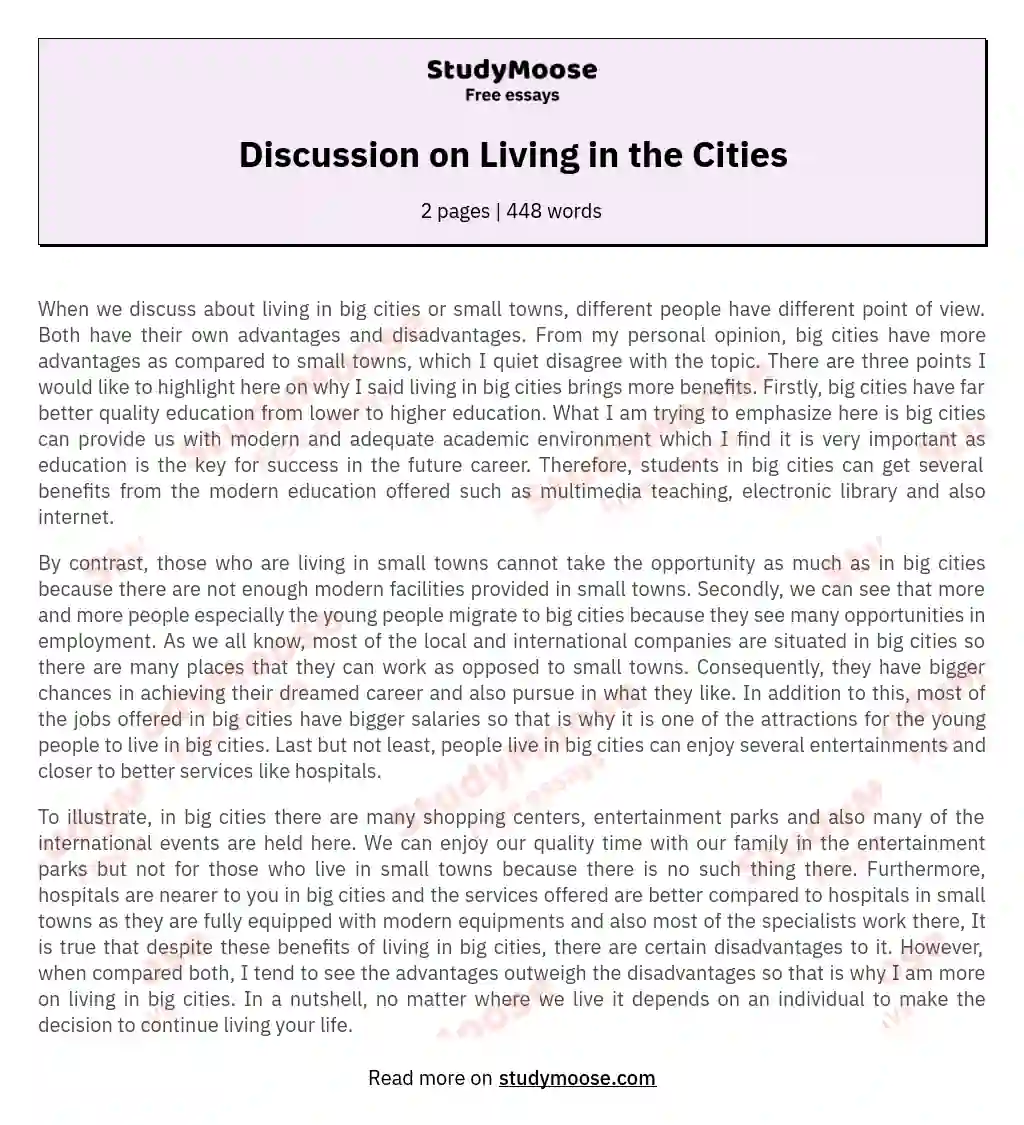 Discussion on Living in the Cities essay
