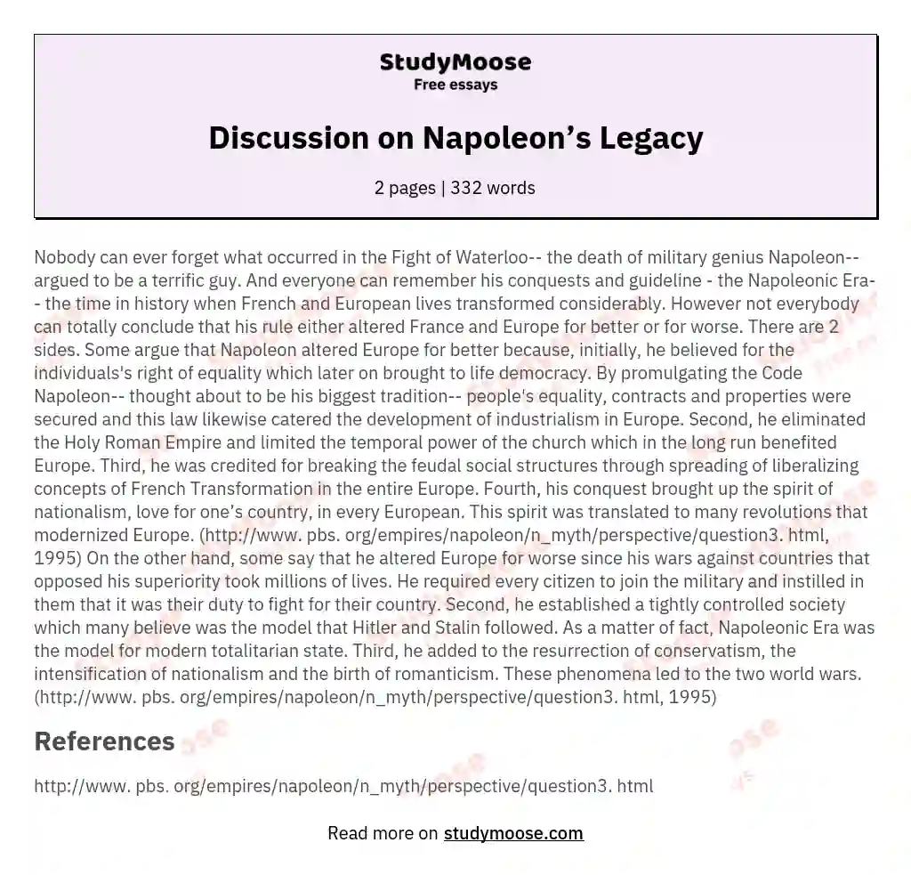 Discussion on Napoleon’s Legacy essay