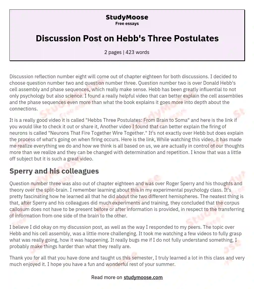 Discussion Post on Hebb's Three Postulates essay