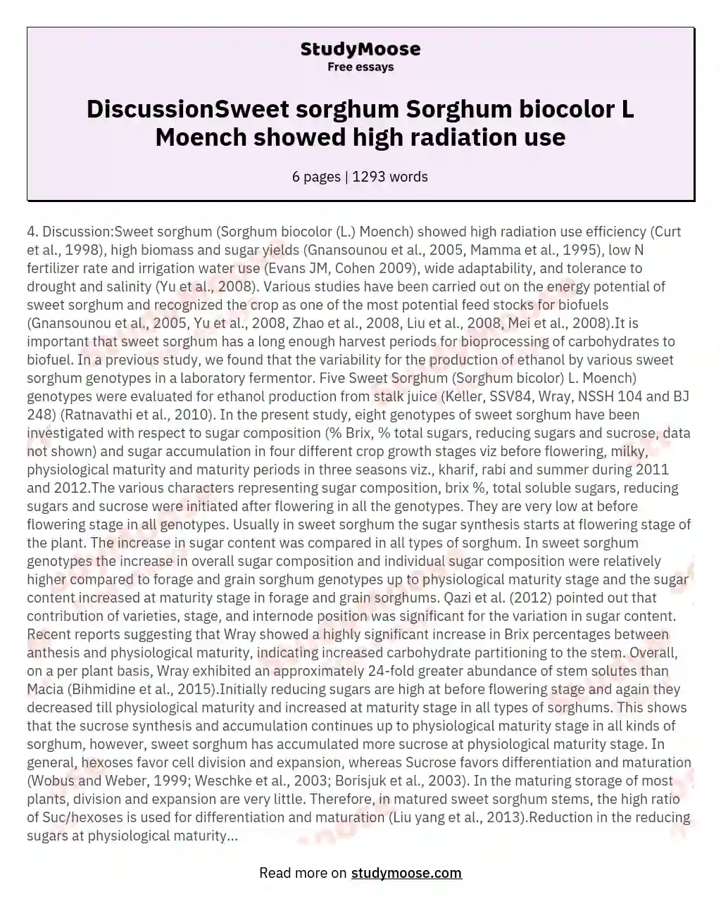 DiscussionSweet sorghum Sorghum biocolor L Moench showed high radiation use essay