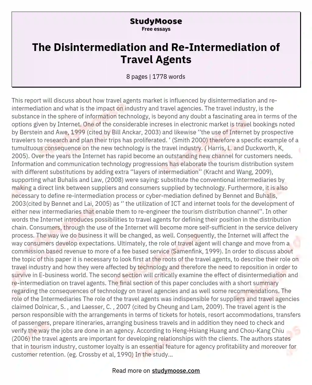 The Disintermediation and Re-Intermediation of Travel Agents essay