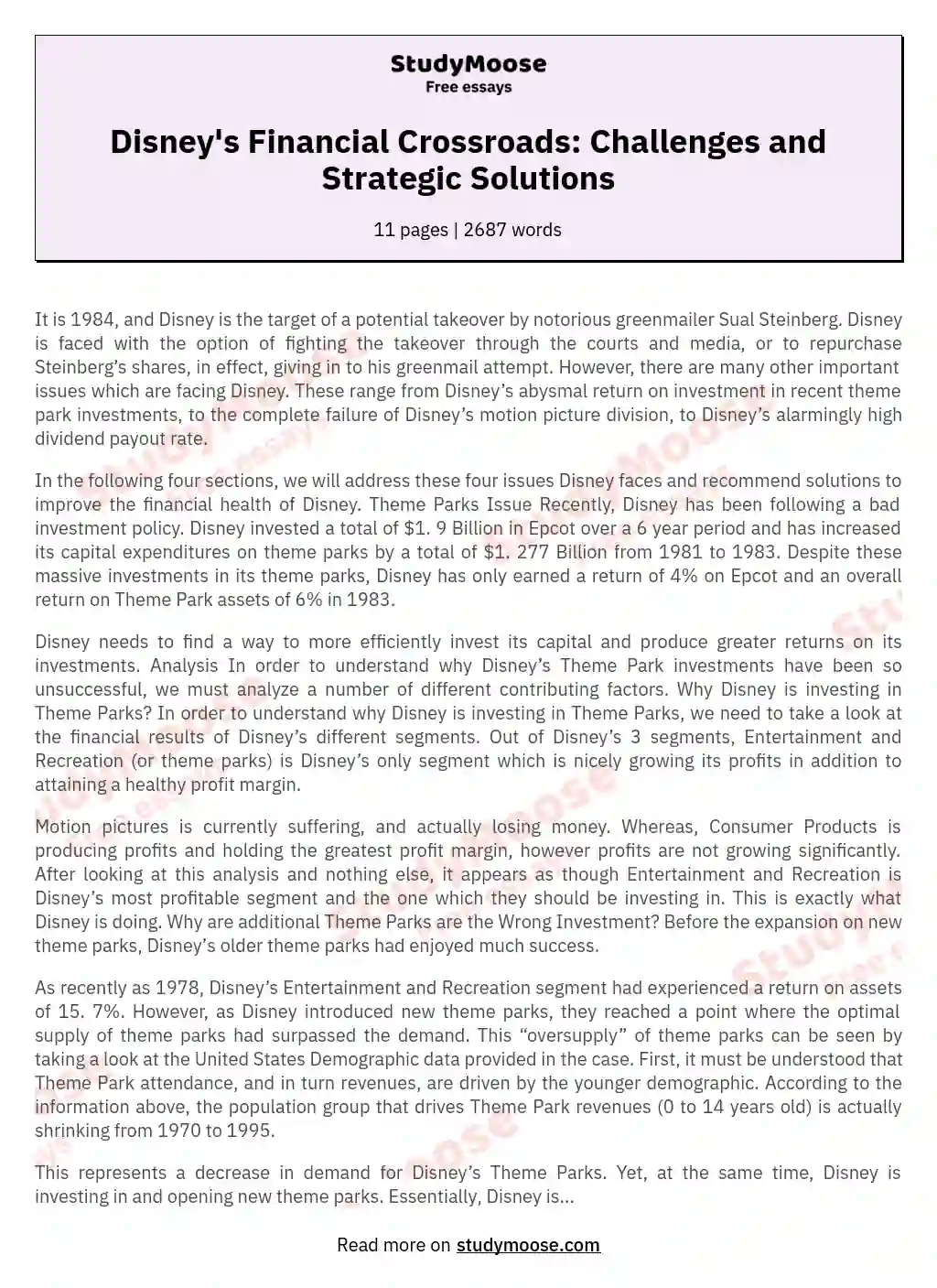 Disney's Financial Crossroads: Challenges and Strategic Solutions essay